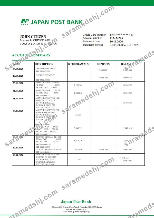 Japan Post Bank statement template in Word and PDF format, good for address prove